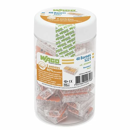 WAGO S221 40 Mini Bornes De Connexion Rapide 5 Entrées Pour Fils Souples Et Rigides - 221-415 4 WAGO S221 40 Mini Bornes De Connexion Rapide 5 Entrées Pour Fils Souples Et Rigides - 221-415 – Image 2